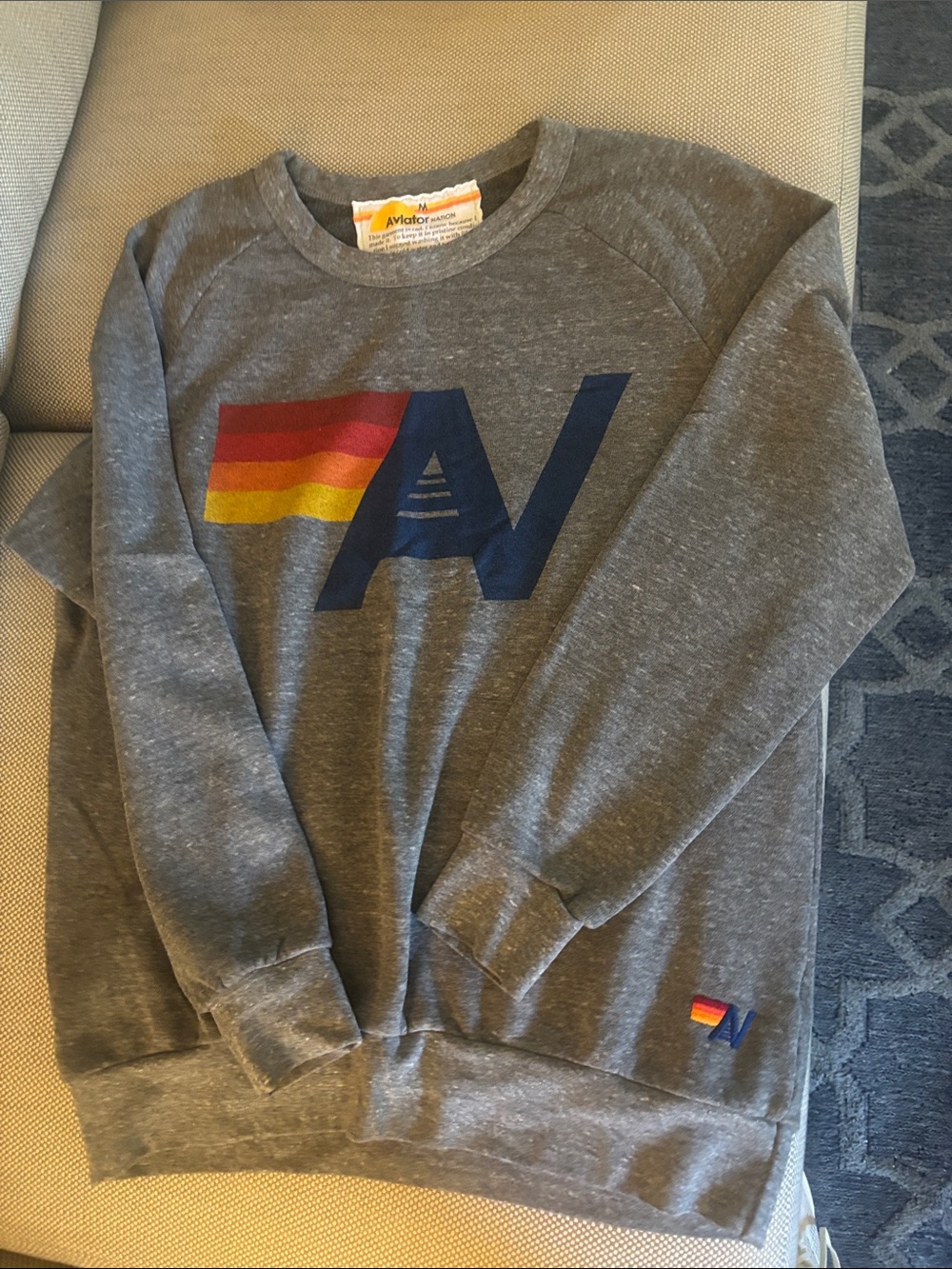 Aviator Nation Heather Gray Crewneck with Navy and Sunset Stripe Logo